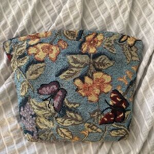 Floral Tapestry Cosmetic Pouch - Blue with Gold & Burgundy Flowers